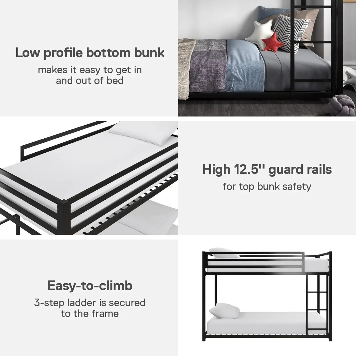 DHP Miles Low Metal Bunk Bed Frame for Kids, With Built-in Ladder, High Guardrail and Metal Slats, Floor Bed Bottom Bunk, No Box 6