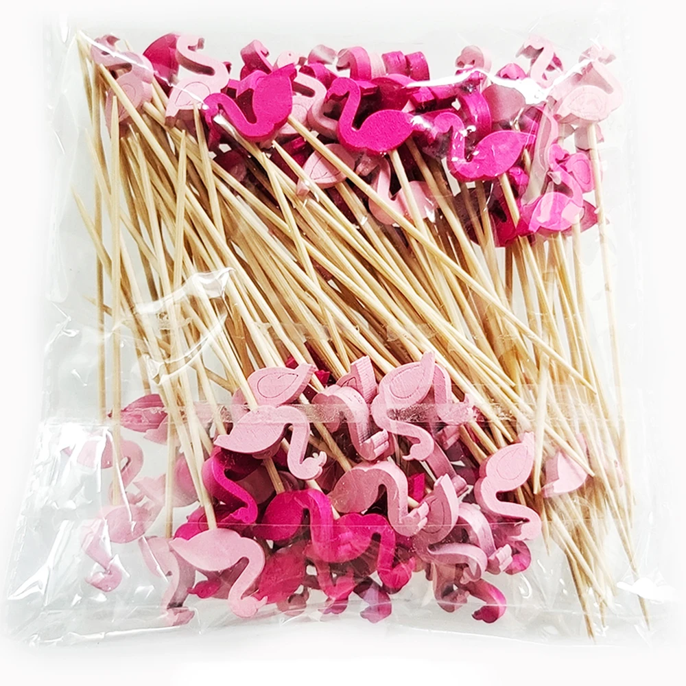 thumbnail image 1 of 100/50 piezas de brochetas de bambú desechables para fiestas hawaianas, con forma de flamenco, tortuga, hojas, bufé de frutas, palitos de bambú, decoración para fiestas tropicales hawaianas, 1 of 5