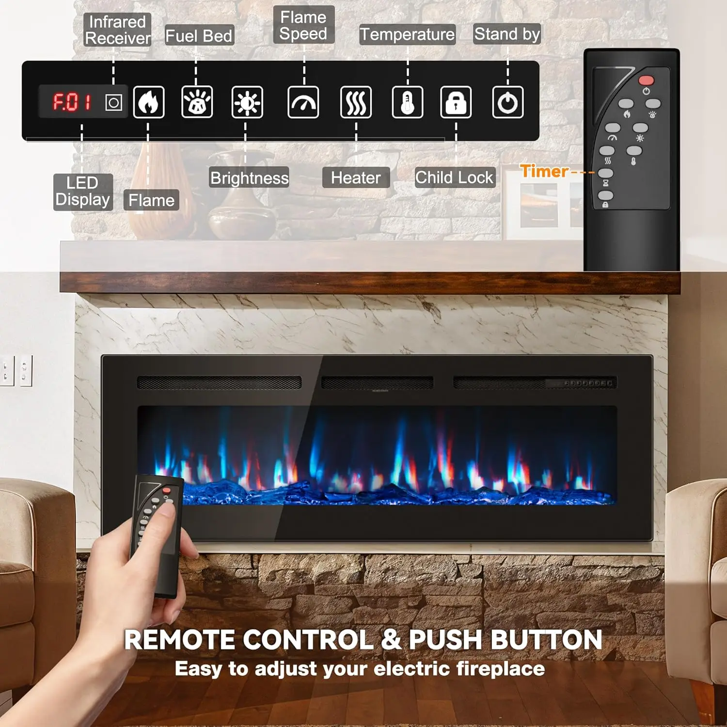50 inch Electric Fireplace in-Wall Recessed and Wall Mounted with Remote Control,1500/750W Fireplace Heater (60-99°F Thermostat) 2