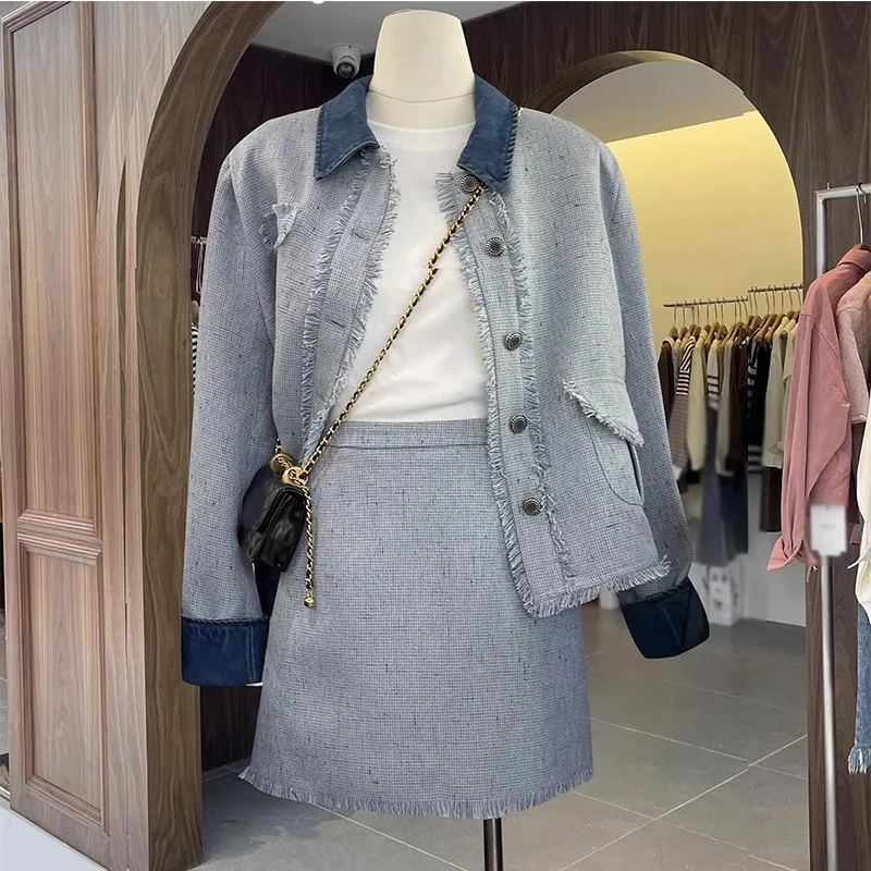 

Korean Style Patchwork Suit Women's Autumn Turn-down Collar Tweed Coat A-line Mini Skirt Two-piece Set Fashion Female Clothes