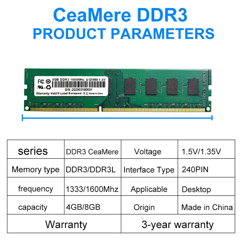 CeaMere DDR3 2개 데스크탑 범용 메모리, D3 4G/8G 1333MHz/1600MHz 메모리, PC 1.35V/1.5V U-DIMN 240핀 메모리 카드 도매
