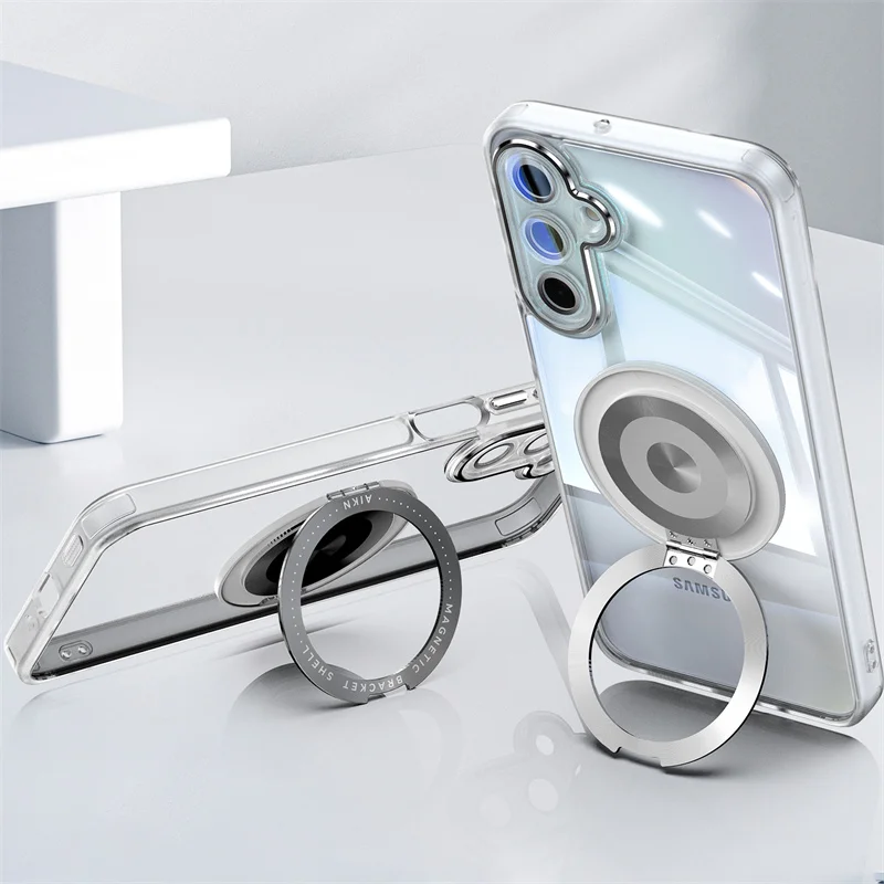 Magnetic Clear Metal Ring Holder Shockproof Phone Case with MagSafe Charging Compatibility
