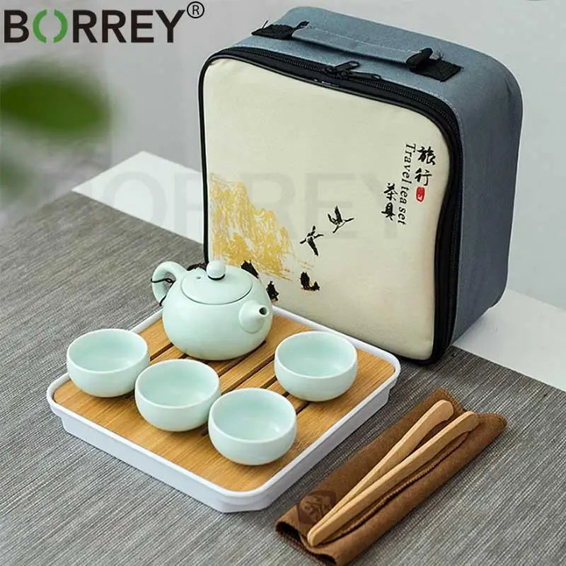 BORREY Portable Travel Tea Set Ceramic Teapot Cup With Bamboo Tea Tray Towel Clip Chinese Kung Fu Set Puer Oolong Teapot