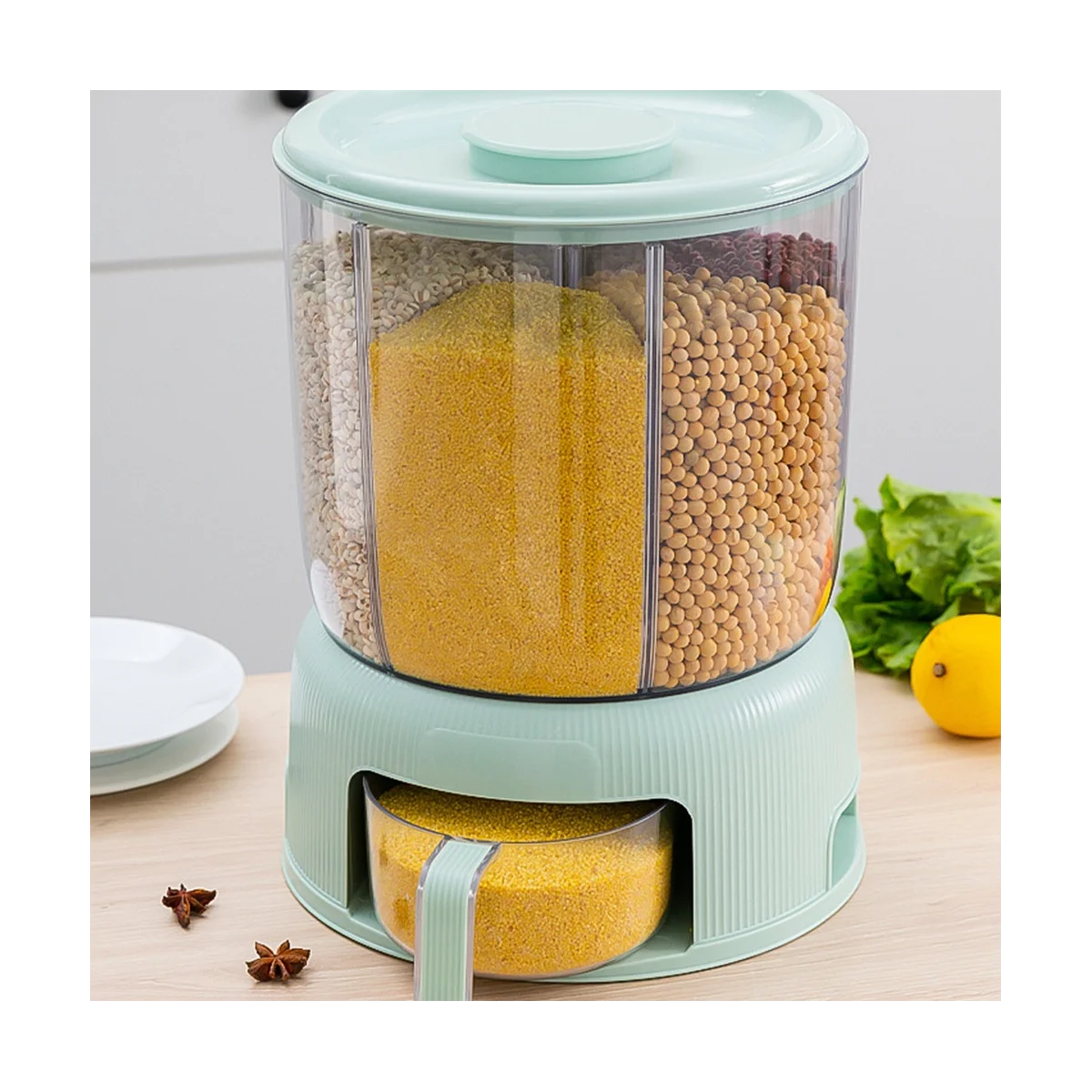 

Kitchen Plastic Sealed Rotating Rice Bucket Moistureproof Insectproof Grain Tank Compartment Classification Box Green