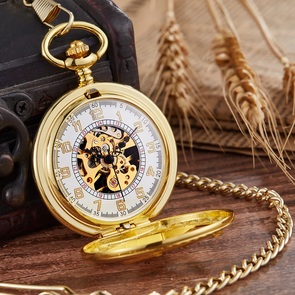 Animal Goat Mechanical Pocket Watch Male Gold Steampunk Skeleton Luxury Engrave Fob Chain Clock for Men reloj de madera Necklace
