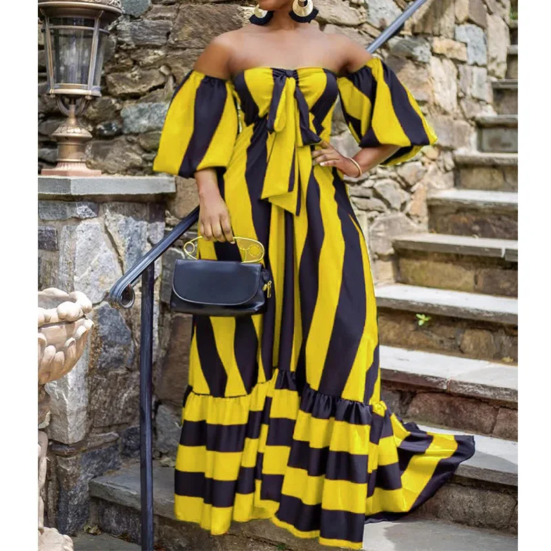 Evening Party Sexy One Word Collar Striped Printing Loose Bandage Long Sleeve Autumn Plus Size Pullover Maxi Dress for Women