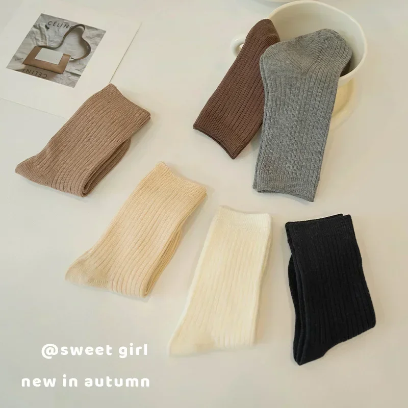 Spring Autumn Children Korean Crew Socks for Kids Chocolate Brown Cotton Mid-Calf Socks Double Stitched Fall Winter Essentials