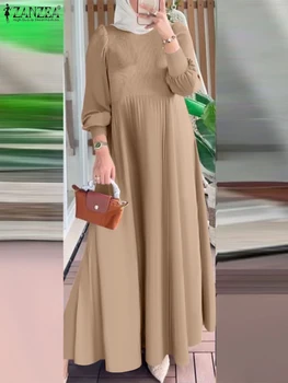 Elegant Women Long Lantern Sleeve Pleated Party Dress ZANZEA Muslim Abaya Hijab Dresses Dubai Maxi Robe Femme IsIamic Clothing