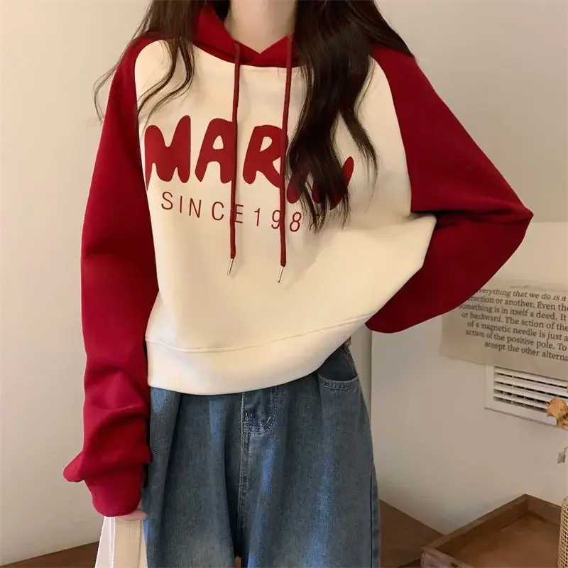 

raglan sleeve hooded sweatshirt women's autumn winter contrast letter cropped top front shoulder small hoodie winter red
