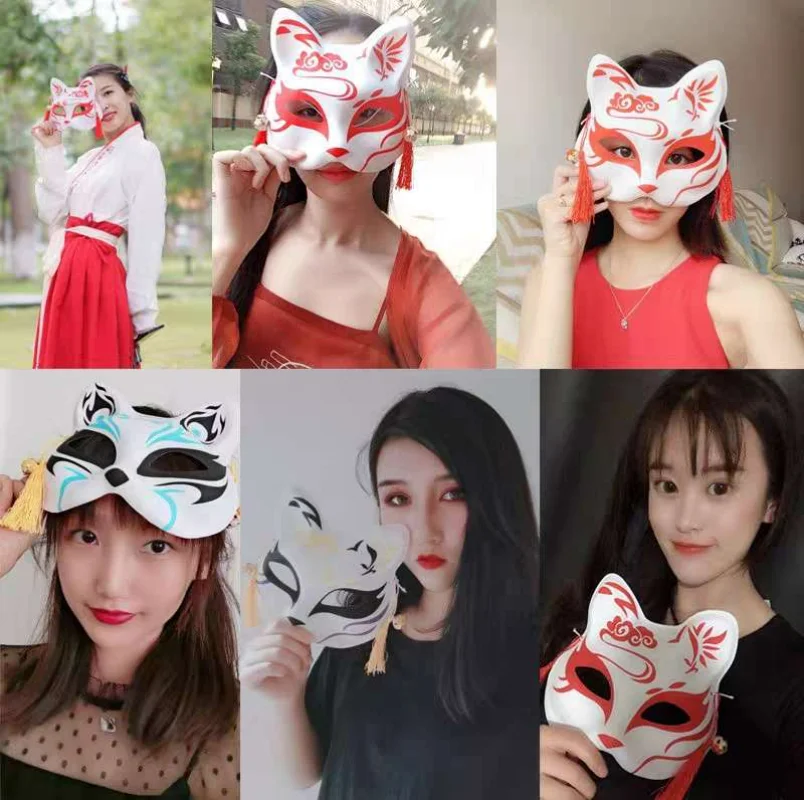 Anime Halloween Foxes Mask Japanese Cosplay Rave Hand-Painted Anime Demon  Slayer Half Face Cat Masks Festival Party Props