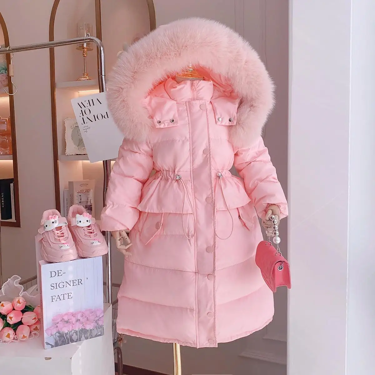Winter Girls Down Clothes Fashion Long Fur Hooded Cotton Padded Jacket Kids Warm Slim Waist Children Outerwear XMP390