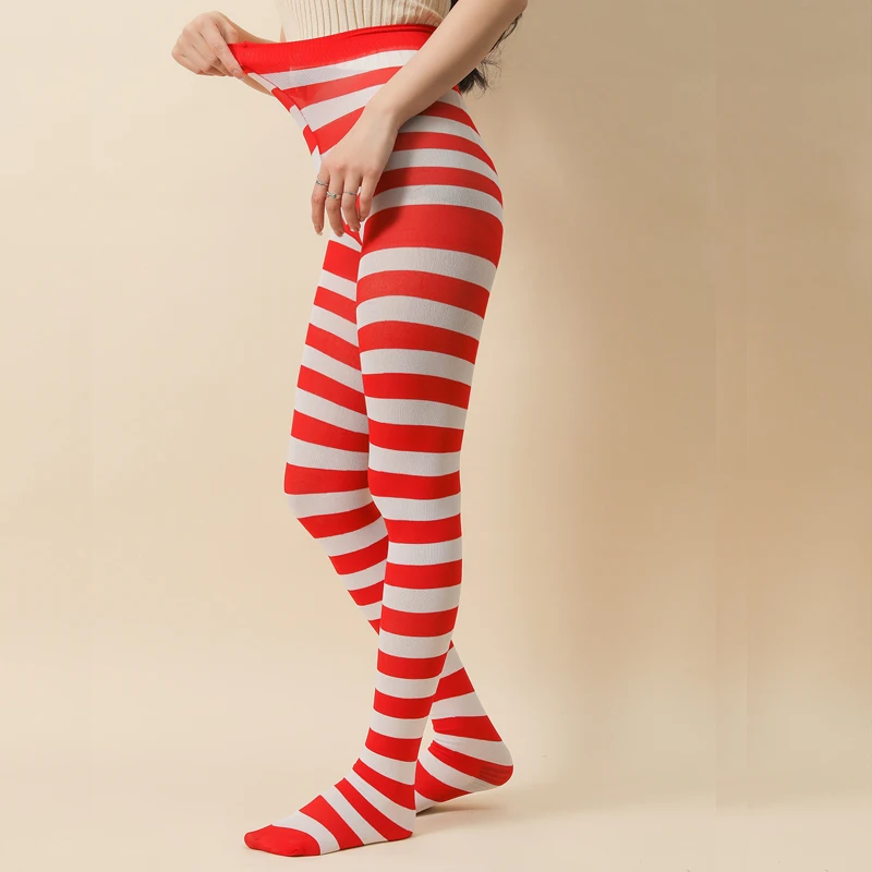 Description Picture 6 of itemWomen High Waist Striped Pantyhose Christmas Halloween Costume Tights Cosplay Accessory Red and White Strip Leggings