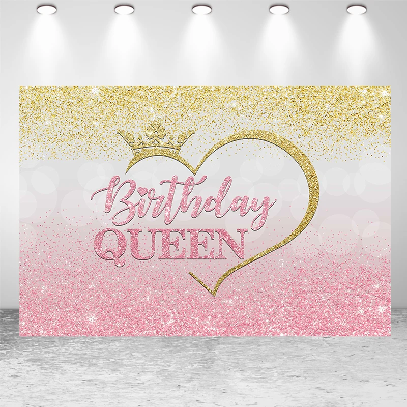 Seekpro Pink Happy Birthday Backdrop Queen Women Love Crown Background Dream Gold Rose Glitter Photo Girl Studio Banner