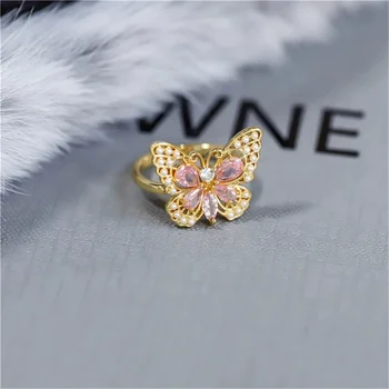 Female Cute White Pink Zircon Stone Gold Color Wedding Rings Promise Open Butterfly Adjustable Engagement Jewelry For Women