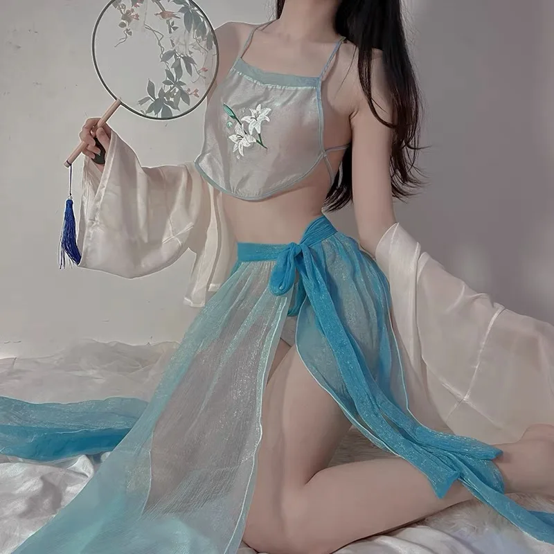 OJBK Women Sexy Lingerie Chinese Traditional Bathrobe Mesh Bandage Suit Girl See Through Sleepwear Blossoms Long Robes Nightgown