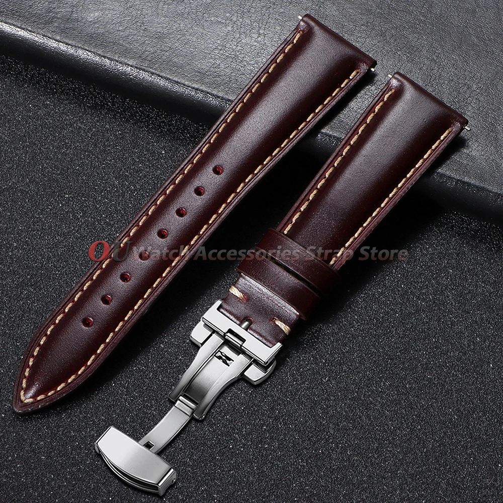 Vintage Oil Wax Leather Watch Band with Butterfly Buckle and Quick Release