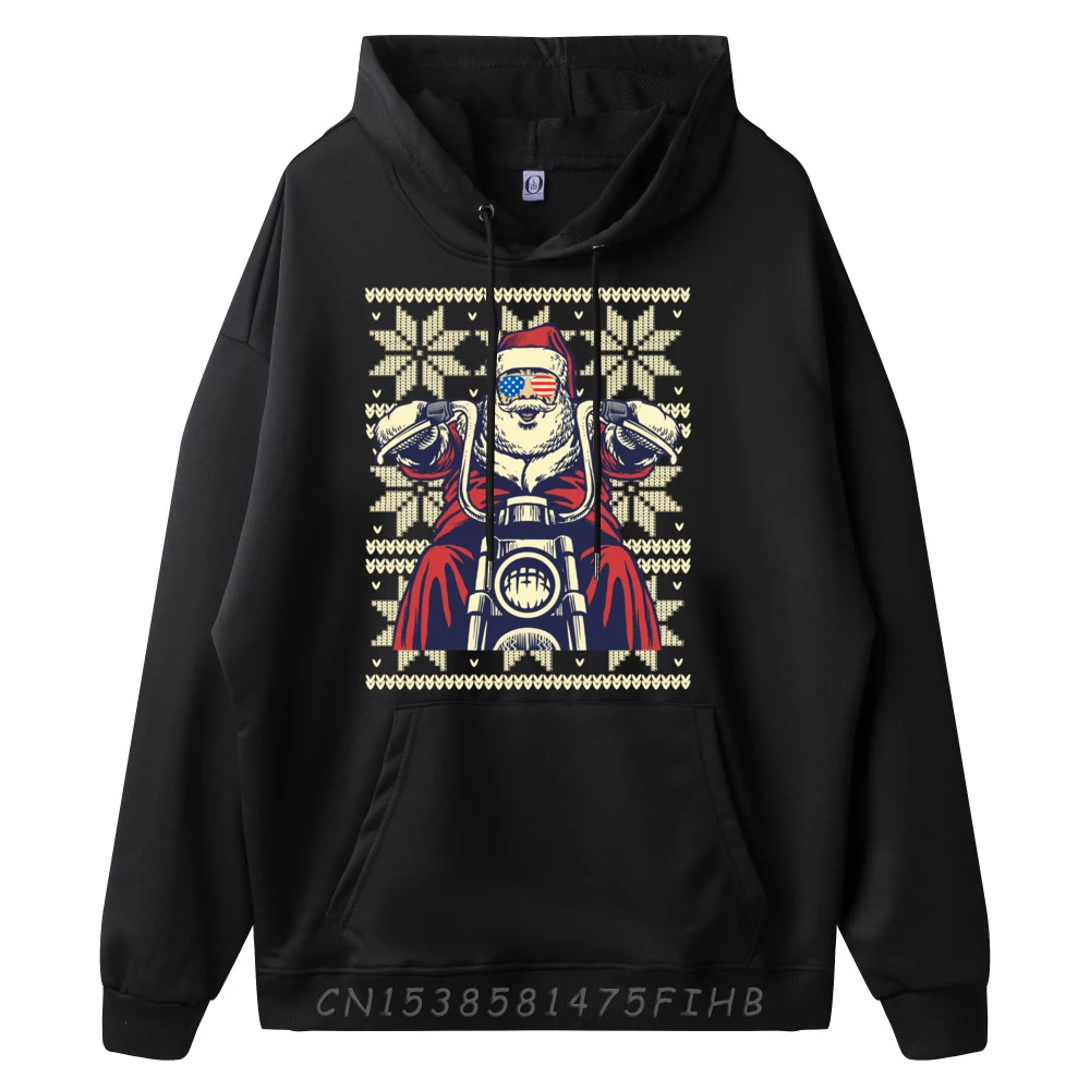 Street SANTA ON MOTORCYCLE Funny Ugly Print long Sleeve Autumn Hoodies Latest Round Neck Hoodies Mens Hoodies  SANTA ON MOTORCYCLE Funny Ugly Christmas Men Women black