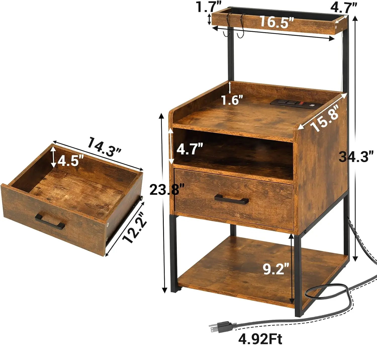 Nightstand Set of 2 with Charging Station, Rustic Brown Night Stands for Bedroom Set of 2, Bedside Table with Storage D