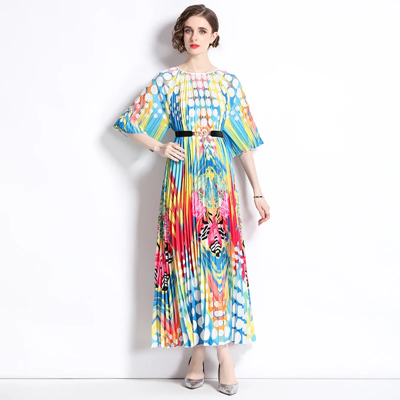 

Runway Fashion Designer Summer Dress Women's O-Neck Short Sleeve Colorblock Vintage Print Large Size Long Robes Maxi Vestidos