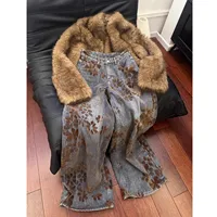 American Retro Floral Print Loose Jeans Women's Wide Leg Denim Pants Autumn Winter plus Size Slimming Floor-Length Trousers - Image 4