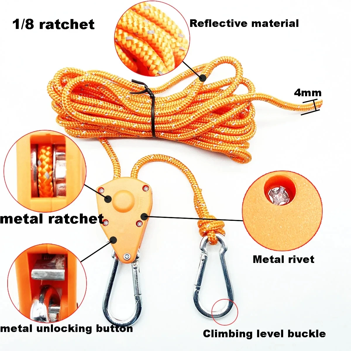 6pcs Reflective 2/4/5m 4mm Tent Rope Fastener Fixed Buckle Pulley Tensioner Ratchet Hangers Awning Wind Rope Tie Down