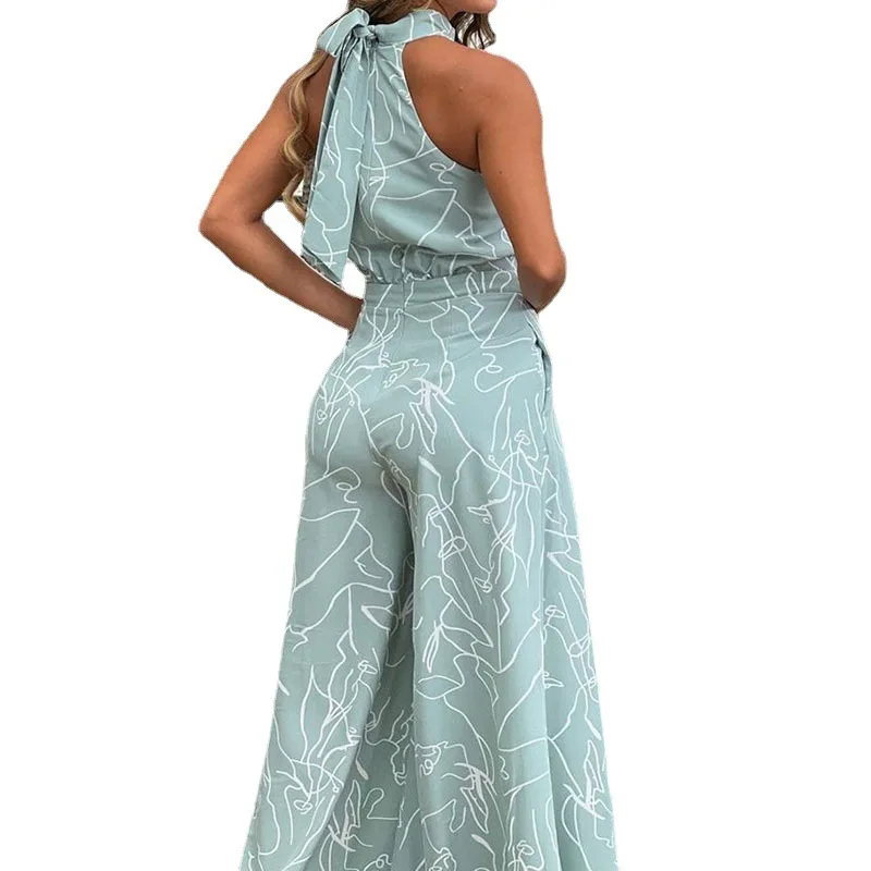2024 Summer Elegant Women Abstract Print Jumpsuit Chic Streetwear Wide Leg Romper Mujer Halterneck Bodycon Sleeveless High Jumps