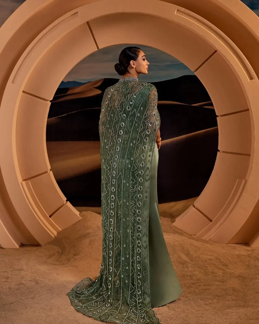 Cape Sleeves Mermaid Satin Evening Dresses Luxury Beading High Neck Sequin Arabic Formal Wedding Party Prom Gown Customized 2