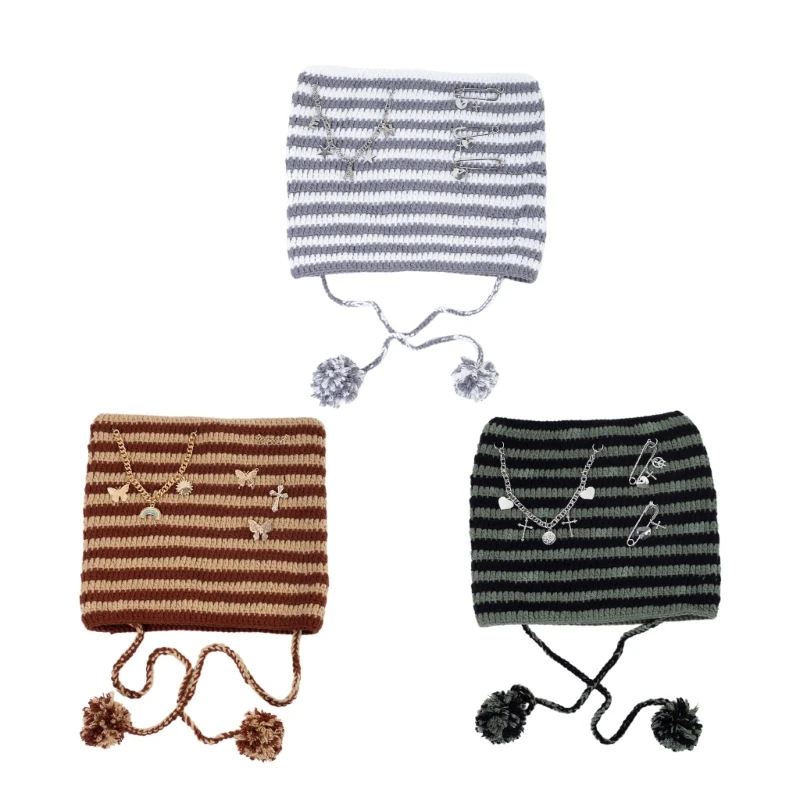 

Knit Stripe Pattern Cat Ear Hat Elastic Windproof Hat with Pompoms Decor Ear Protector Hat Winter Cycling Skiing Hat