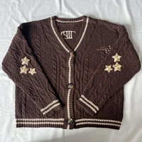 Handmade Long Sleeves Loose Women Red Star Embroidered Cardigan Holiday Tops Christmas Warm V-neck Knitted Sweater Women 2025 1