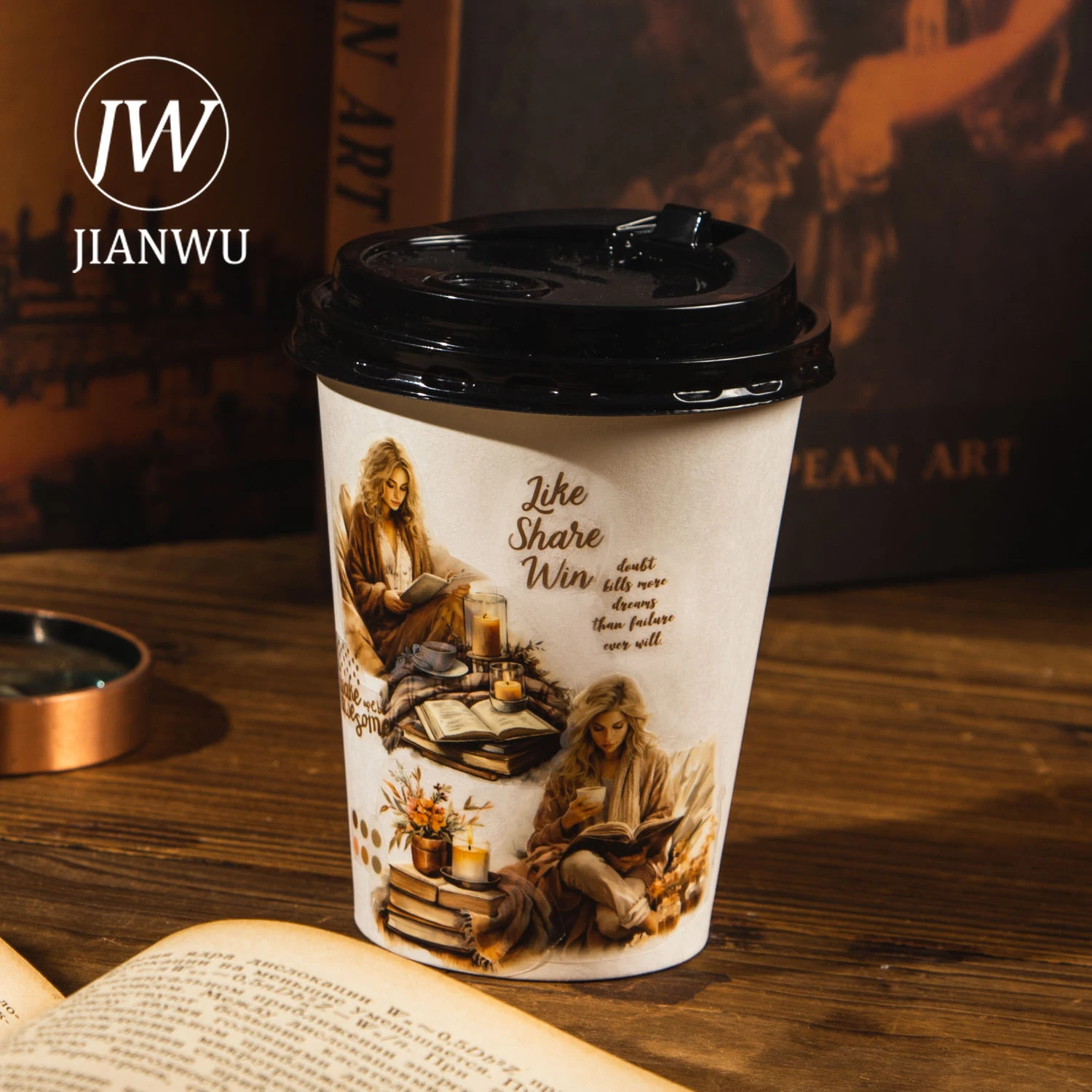 JIANWU 60mm*200cm Reading Time Series Vintage Character Landscaping Material PET Tape Creative DIY Journal Collage Stationery 4