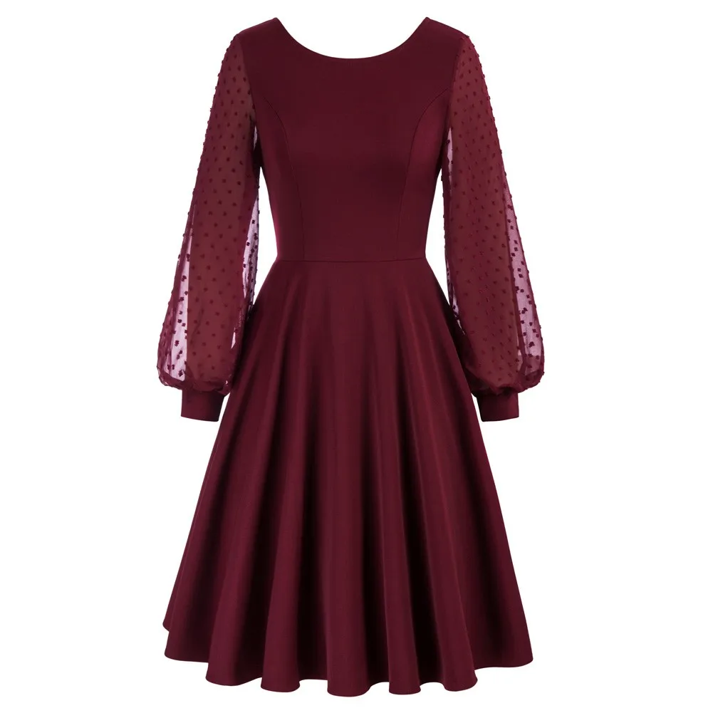 

Jasambac Women Swiss Dot Patchwork Dress Long Sleeve V-Back A-Line Dress