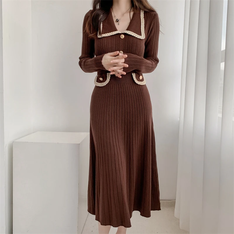 Vestidos de punto de otoño e invierno para mujer, cuello vuelto, moda coreana, corte en A, vestido liso informal, vestidos ajustados para mujer, nuevo