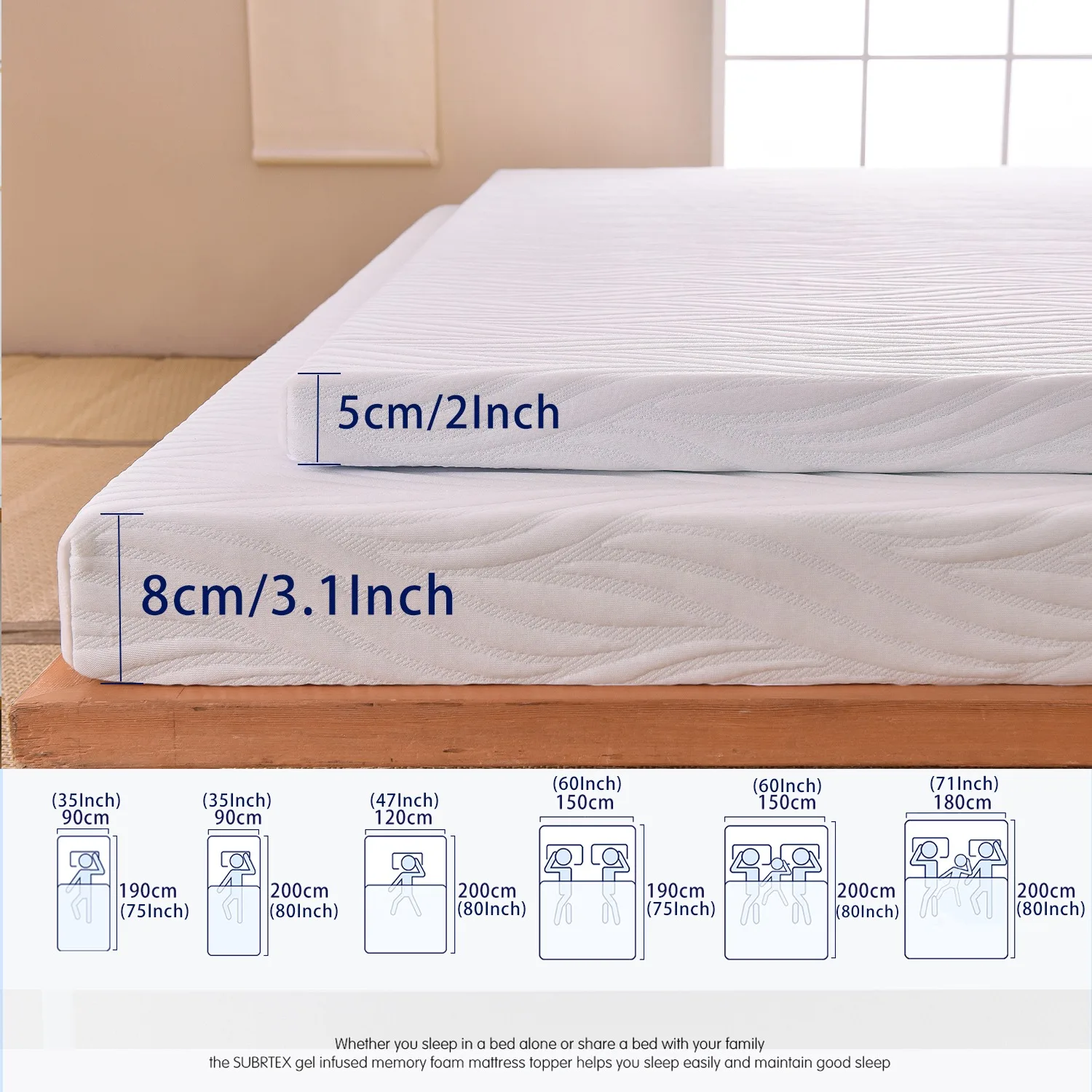 3.1 Inch Queen Memory Foam Mattress Topper Cooling Gel Bed Topper with Removable Cover Soft & Pain Relief & Breathable mattress topper