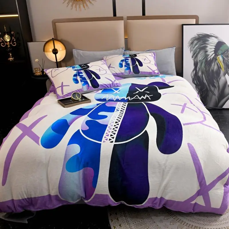 

New Kartoon velvet Fleece bedding sets stripe duvet cover flat fitted sheet pillowcase winter warm bed linen Flannel queen king