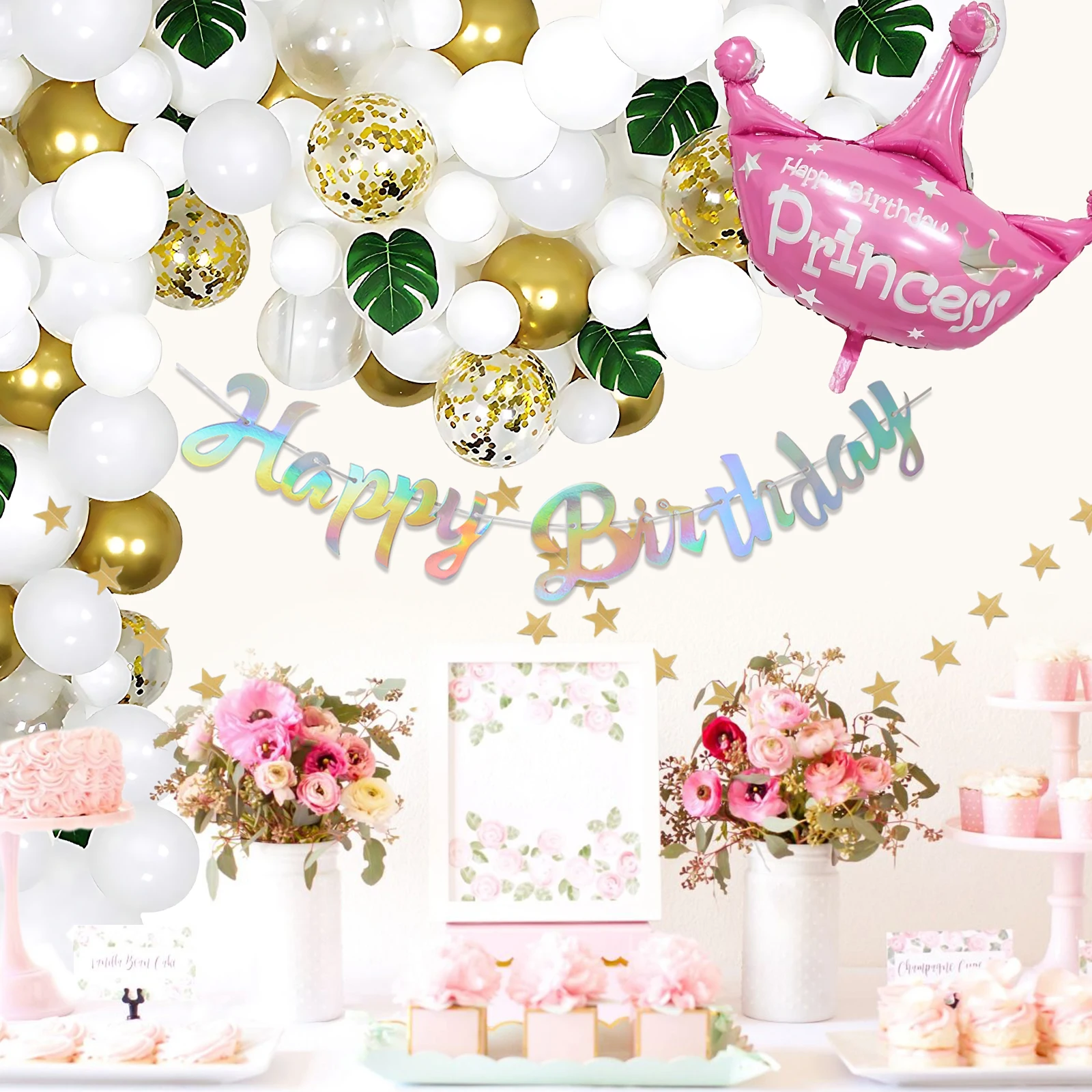 

Bling Rhinestone Crystal Crown Letter Printing Satin Sash Balloon Banner Set for Women Kid Birthday Anniversary Party Decoration