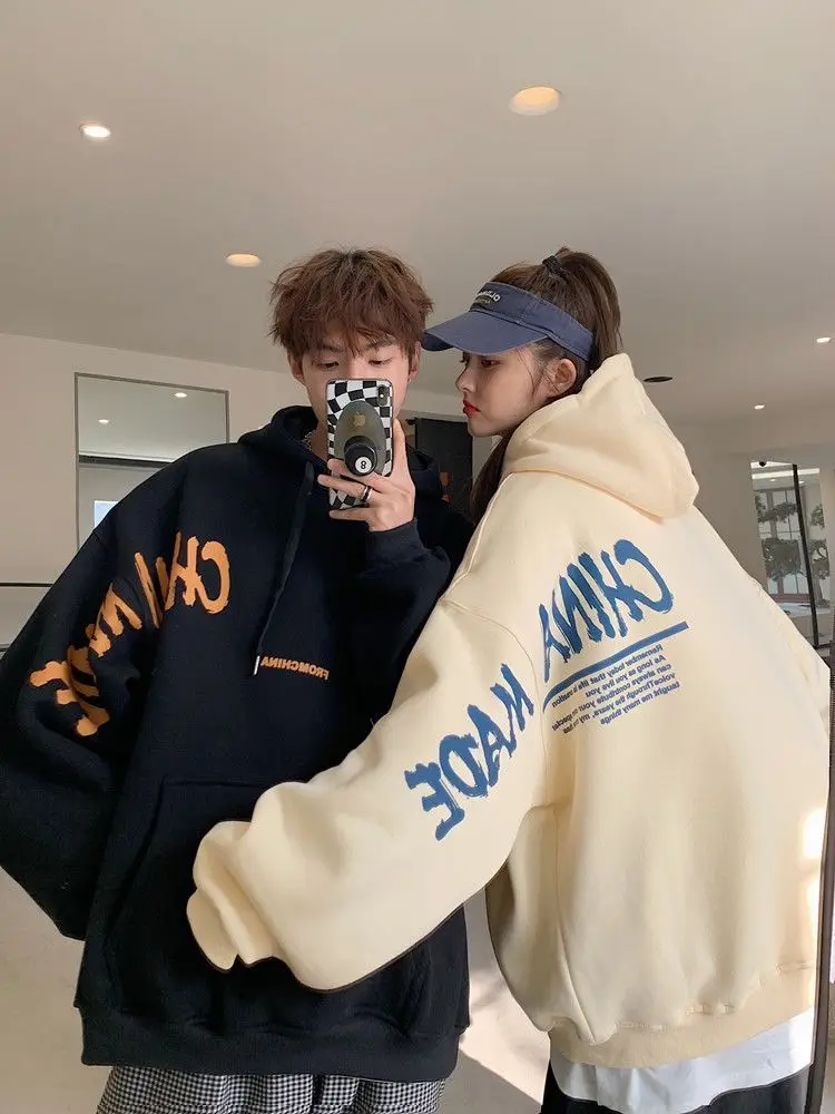 

Autumn and Winter Couples Hip Hop Retro Personality Letter Printed Hooded Sweater American Loose Men and Women Casual Top y2k