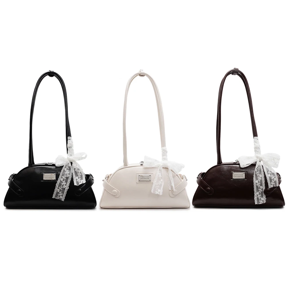 Women Simple Shoulder Bag PU Leather Bow Small Underarm Bag Solid Color Travel Underarm Handbag Girls Outdoor Daily Bag