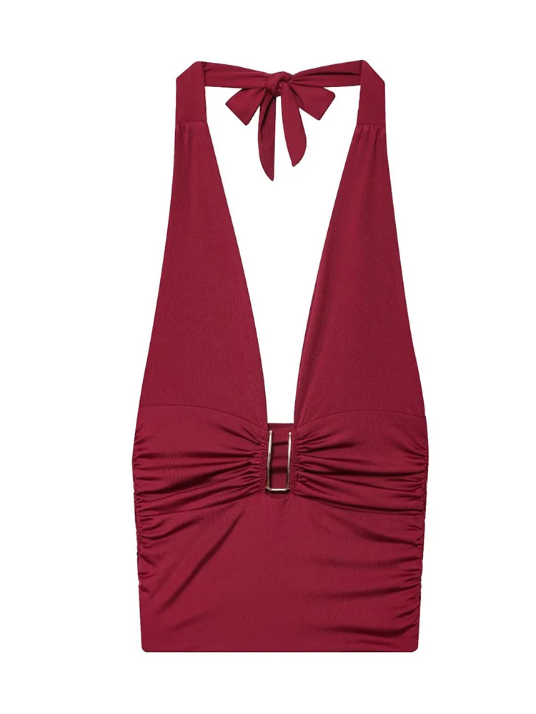 New Halter Tops Fashion Metal Decoration Backless Top Woman 2025 Sleeveless Hanging Collar Short Tops For Women Sexy Party Top