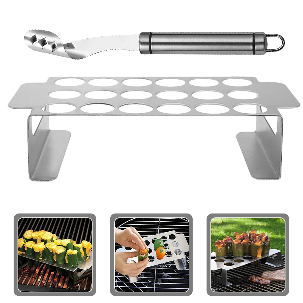 

Jalapeno Grill Rack with Chili Pepper Corer Tool and 18 Holes for Roasting Peppers and Chicken Wings in BBQ Smoker or Oven
