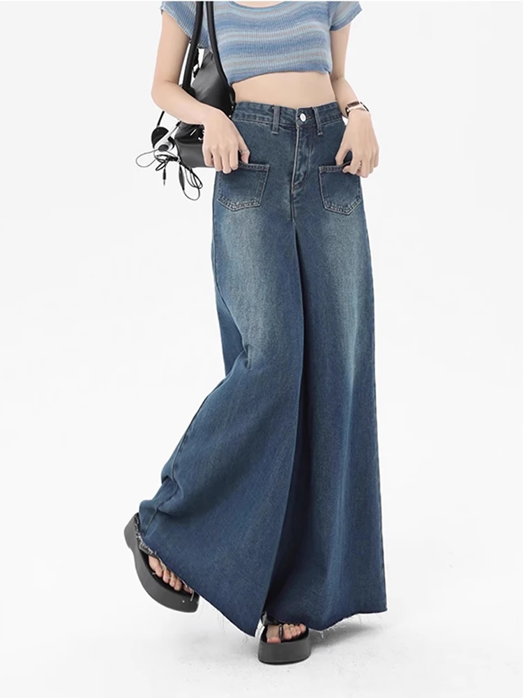 Pantalon En Denim Baggy Taille Haute Pour Femme, Pantalon De Survêtement Droit, Jambe Large, Style De Rue Américain, Grunge, Taille élastique, Survêtement Ser, Y2K