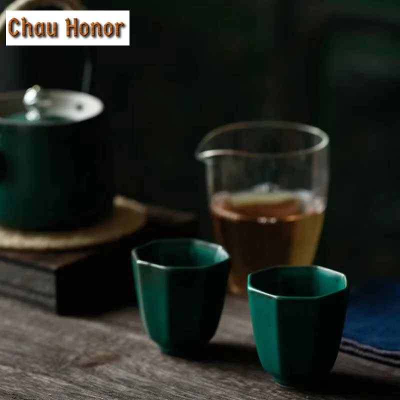 2pcs /set Japanese Style Turquoise Coarse Ceramic Star Anise Smelling Cup Household Kung Fu Tea Set Tea Ceremony Drinkware 45ml