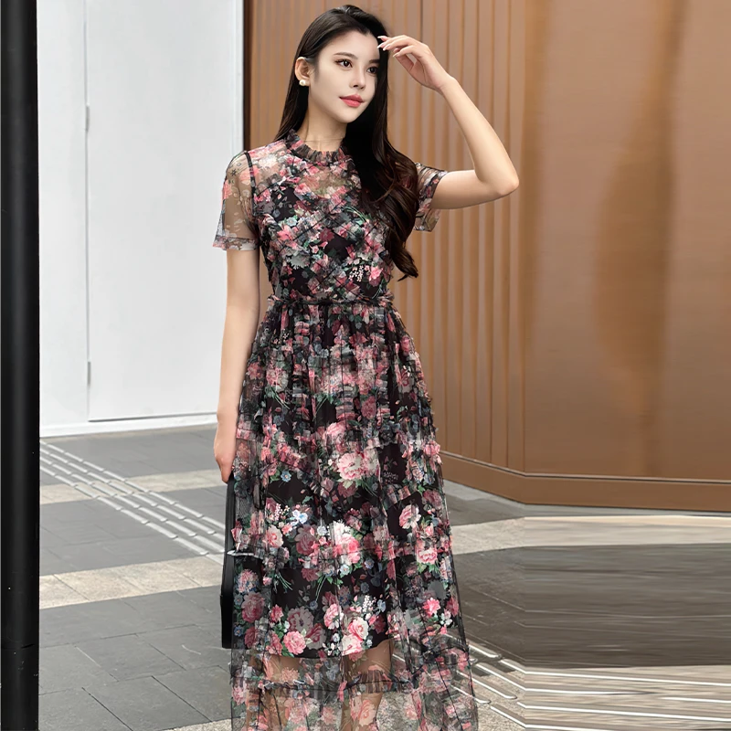 

JAMERARY Runway Brand Designer Floral Print Summer Holiday Prom Evening Cake Dress Women Ruffles Short Sleeve Midi Long Vestidos