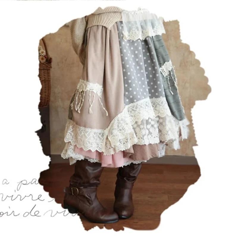 Women's Harajuku Mori Plaid Dot Lace Applique Skirt, Cute Lolita Style, Patchwork, Cotton Linen Skirts, Female Kawaii Skirt