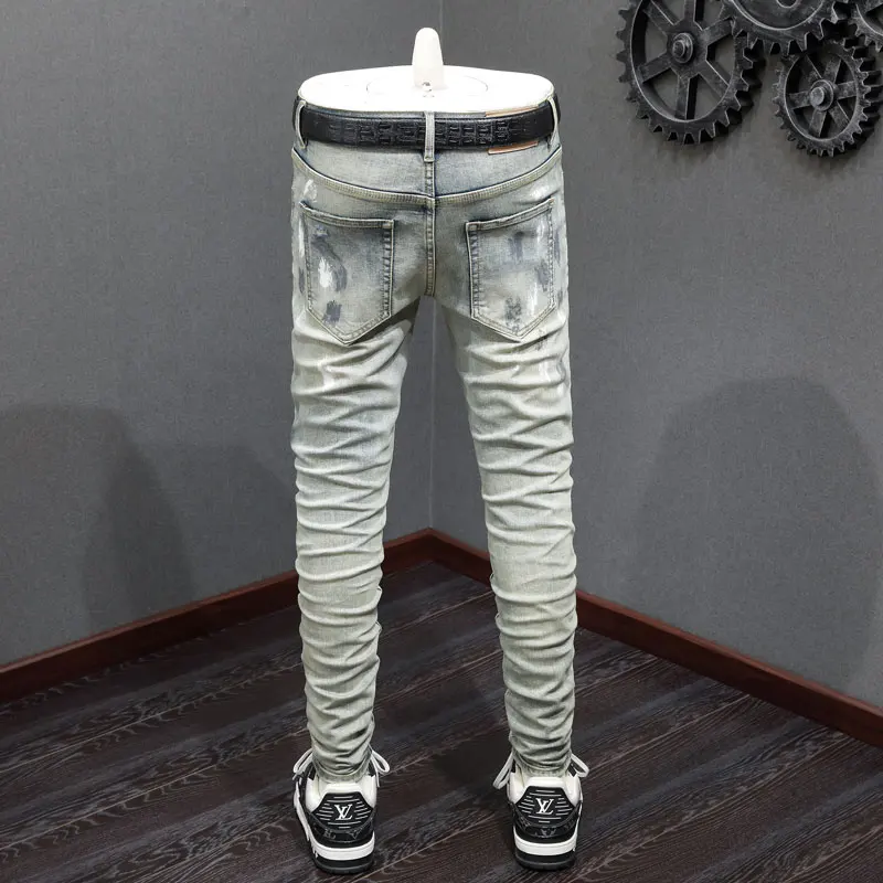 High Street Fashion Men Jeans Retro Washed Blue Stretch Skinny Fit Ripped Jeans Men Painted Designer Hip Hop Brand Pants Hombre