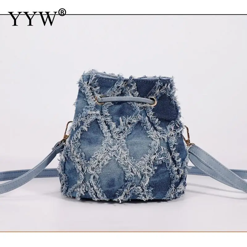 Casual New Fashion Tassel Handbag Bucket Bag Quality Retro Design Denim Bag For Women Denim Clutch Chain Shoulder Crossbody Bag