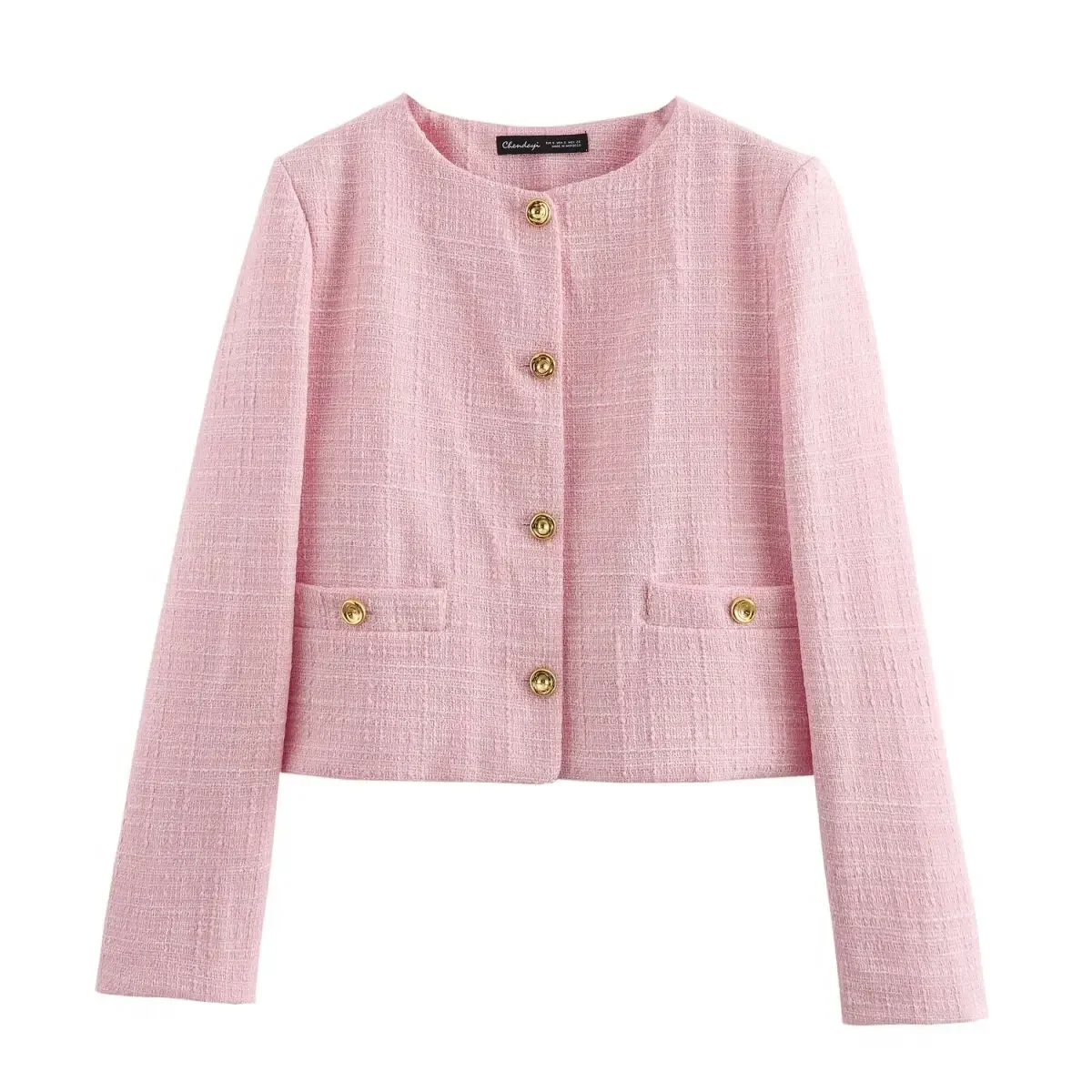 

Women's 2024 New Fashion Gold Button Decoration Short Texture O Neck Suit Coat Vintage Long Sleeve Pocket Women's Coat Chic Top