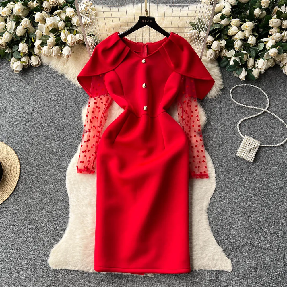 

French Women's Summer Mesh Long-sleeved Wrap Hip Dress New Fashion Party Vintage Clothing Vestidos De Mujer K767