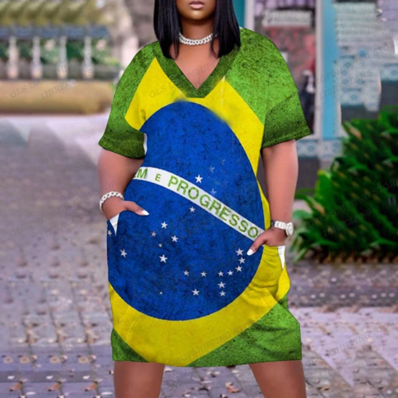 Brazil Flag Dress Women Fashion Midi Dresses Party Evening Short Sleeve Brasil Flag Dress Beach Bohemian Elegant Loose Sundress