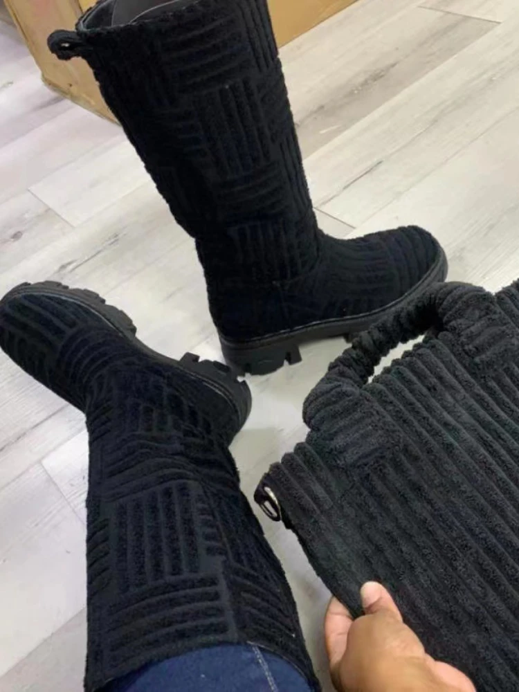 2024 New Arrived Thick-heeled Warm Mid-tube Boots Women's Pelipper Plush Large Size Towel Cotton Fashion Boots