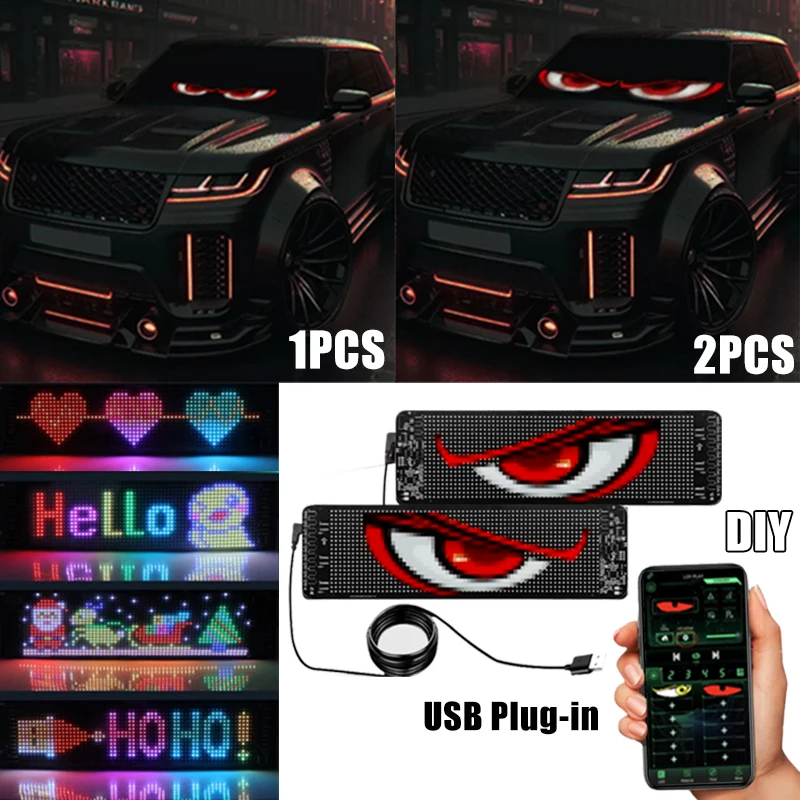 1-2 PCS Devil's Eye LED Animation Screen Light Car Windshield Screen USB Plug-in DIY App Control Flexible Scrolling Text Display,led panel,led display light,led signs